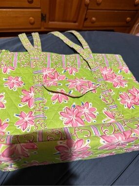 C.C. Boutique Lime Green Quilted Tote with Pink Floral Print